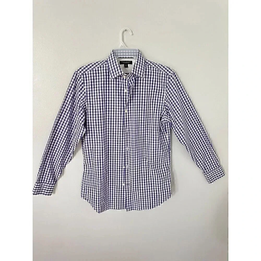 BANANA REPUBLIC Mens Slim Fit Long Sleeve Purple White Checked Shirt Sz Medium